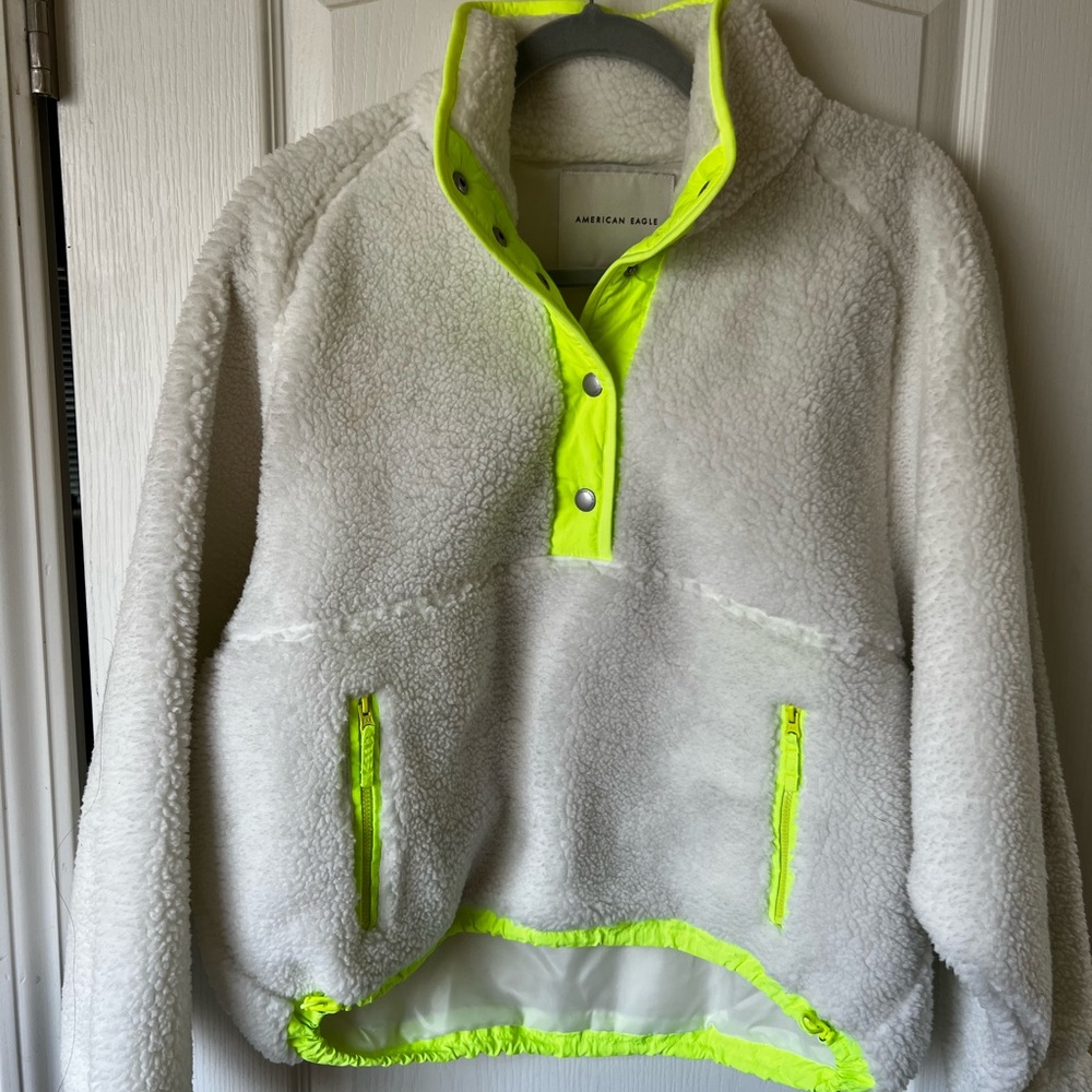 NWT American Eagle Outfitters Fleece Jacket - White with Neon Green XS